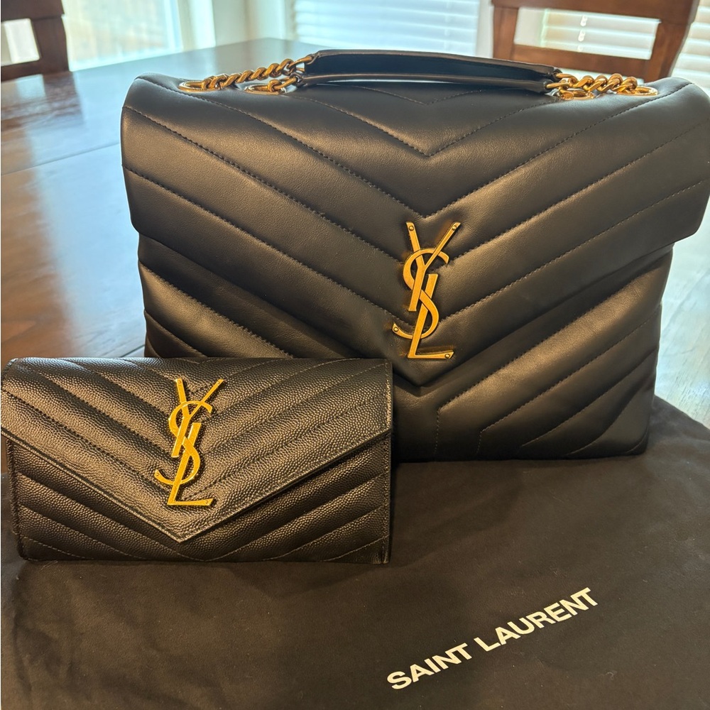Saint Laurent Black and Gold Quilted Shoulder Bag - Picture 1 of 9